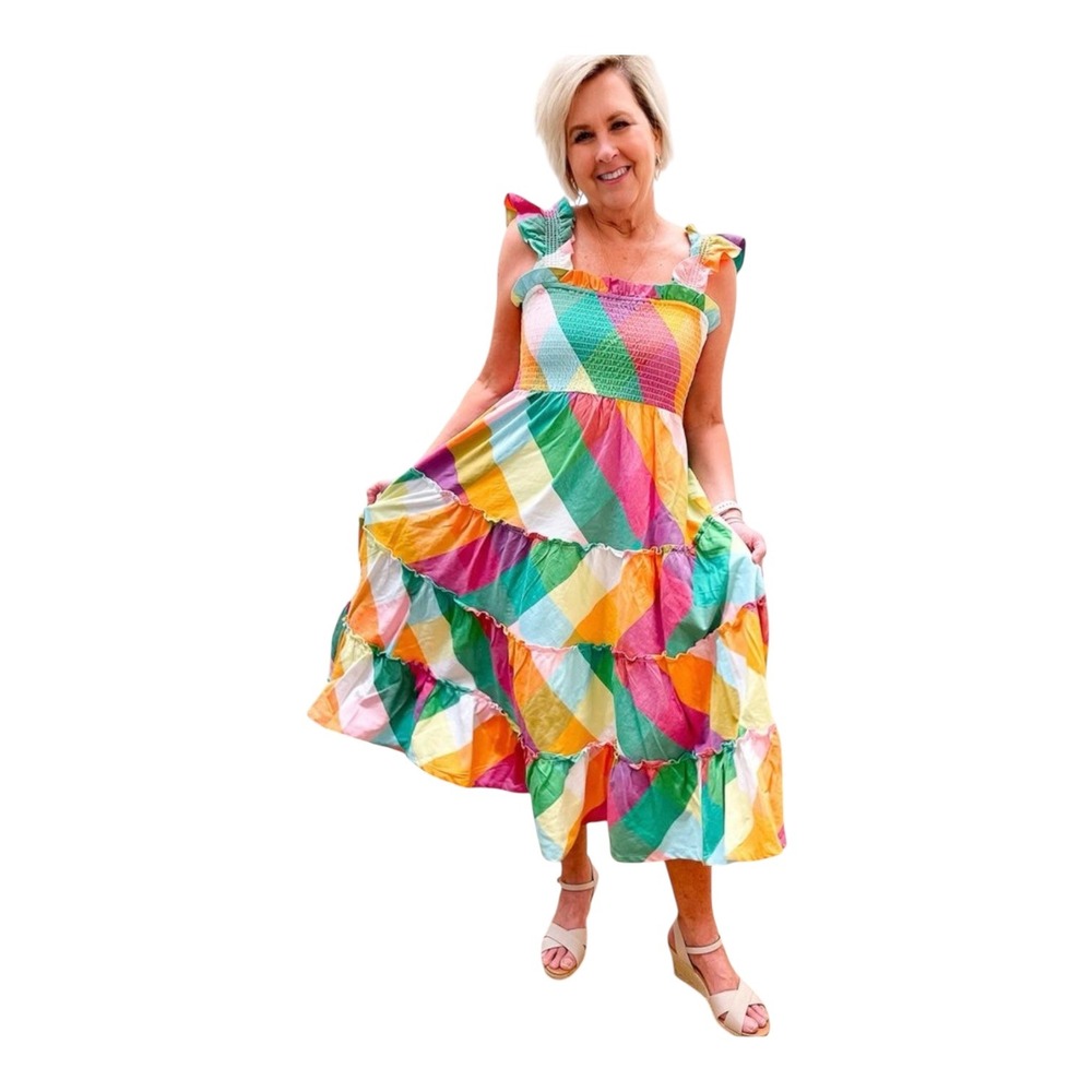 Crown & Ivy Womens 4X Rainbow Checkered Smocked Tiered Maxi Dress Ruffle Strap